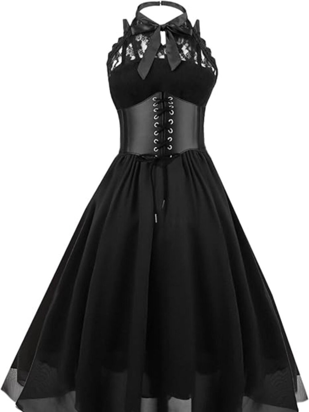 Women's Sleeveless Gothic Lace Dress with Corset Halter Lace Swing Cocktail Dres